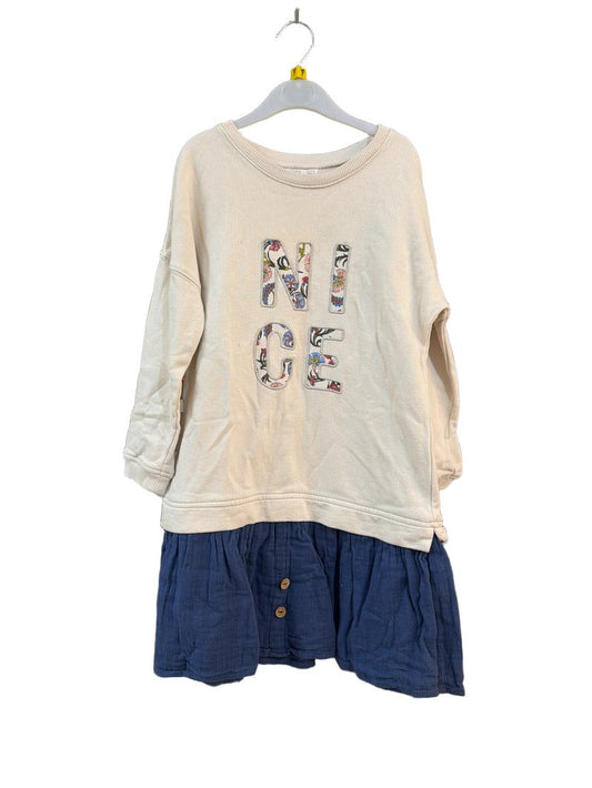 Preloved El Corte Ingles - NICE Cream Shirt Dress With Blue Linen Skirt (7-8y)