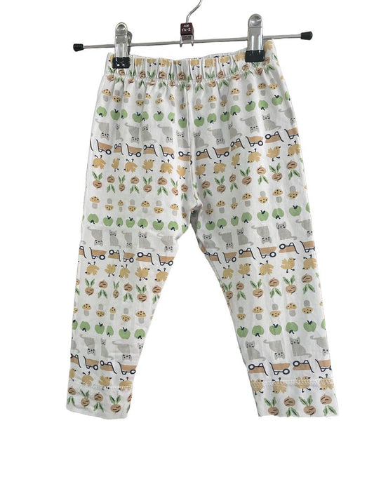 Preloved Kite - White Leggings With Cat, Apple, Mushroom, Wheelbarrow, Radish And Chick Picture Pattern. (18-24m)