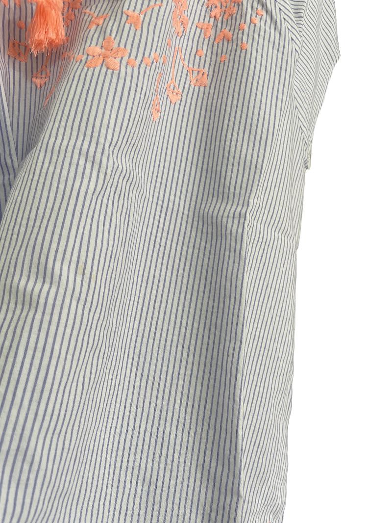 Preloved Joules - Blue White Stripe With Neon Embroidery Flutter Sleeve Top (7-8y)