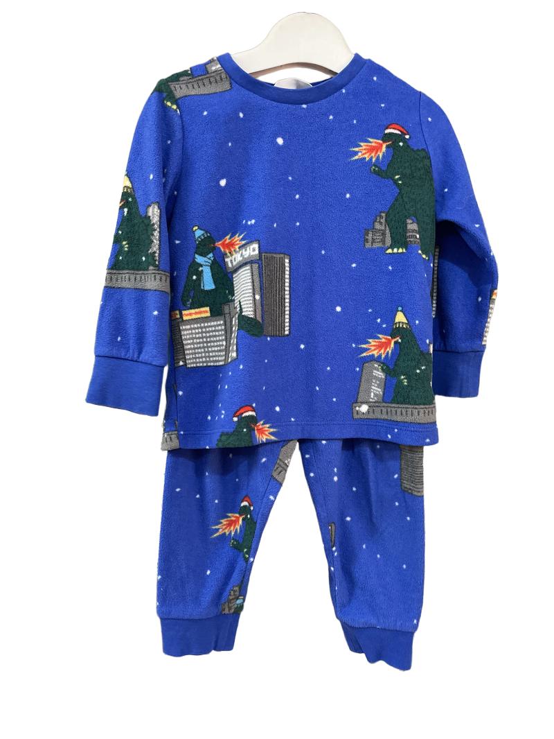 Preloved Marks & Spencer - Blue Christmas Godzilla Fleece Long-sleeved Pyjama Set (18-24m)