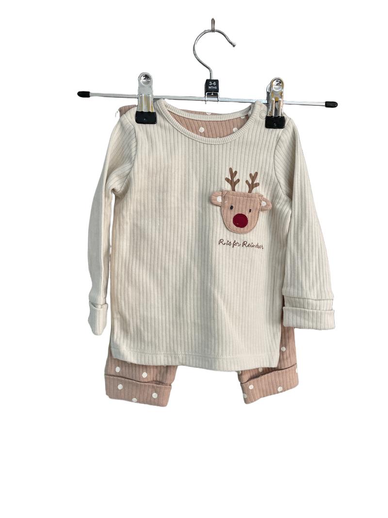 Preloved George - Cream/pink Lg Sleeve Shirt With Reindeer Pocket, Polka Dot Pants (3-6m)