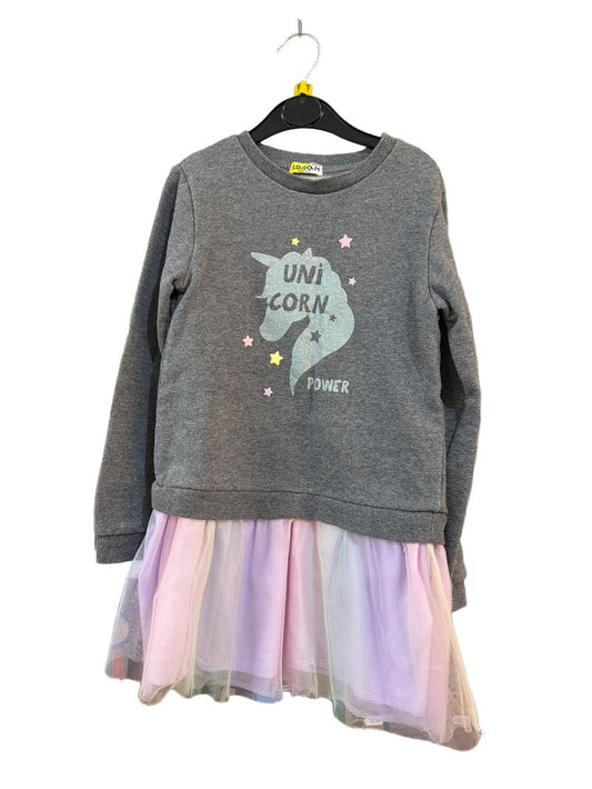 Preloved Losan - Gray Unicorn Power Dress With Pastel Rainbow Teal Skirt (7-8y)