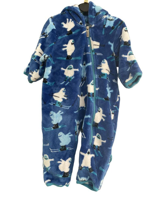 Preloved Hatley - Cozy Blue Skiing Yeti Design Fleece All In One, Fold Over Hands And Feet. (6-12m)