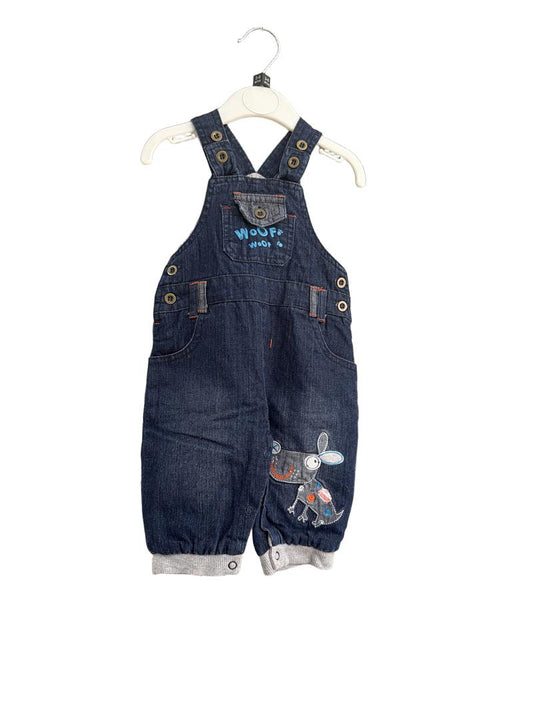 Preloved Dunnes Stores - Blue Denim Dungarees With Dog Appliqué (3-6m)