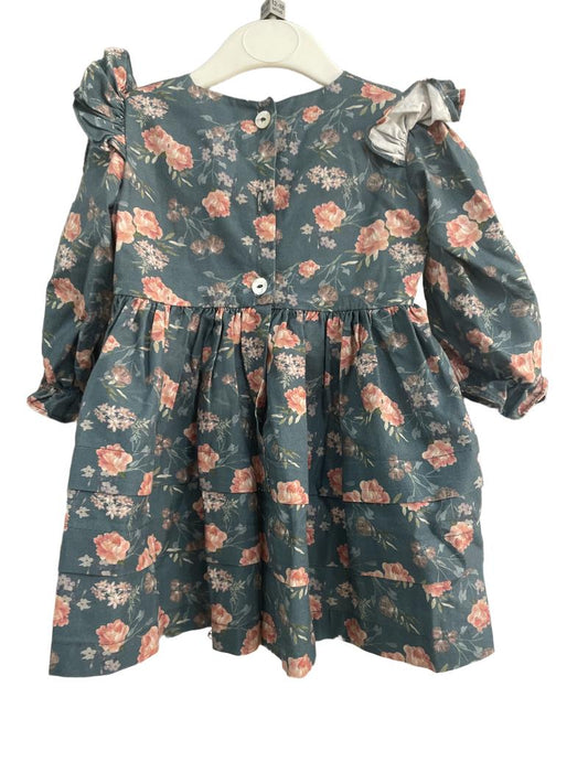 Preloved Benedita - Teal Pink Floral Print Long-sleeved Dress (12-18m)