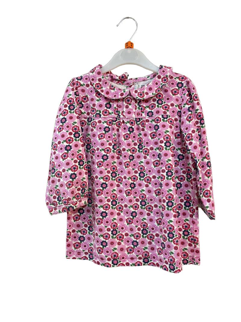 Preloved Jojo Maman Bebe - Pink Navy White Floral Print Peter Pan Collar Dress (4-5y)