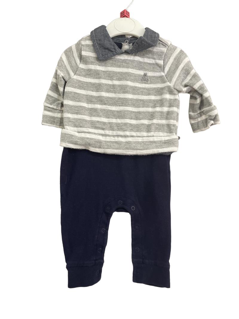 Preloved Baby Gap - One Piece Grey Stripe And Navy All In One Outfit. (0-3m)