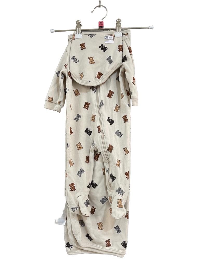 Preloved Pl Baby - Beige Teddy Bear Long-sleeved Sleepsuit, Bib, And Light Blanket (0-3m)
