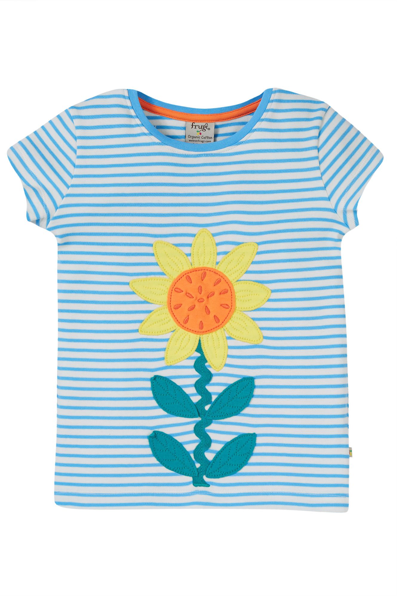 Frugi Camille Applique T-shirt, Beluga Blue Stripe/Echinacea