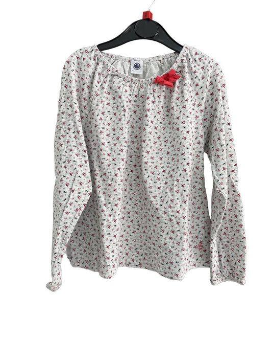 Preloved Petit Bateau - Gray Long-sleeved Shirt With Red Floral Print And Bow (8-9y) - Top