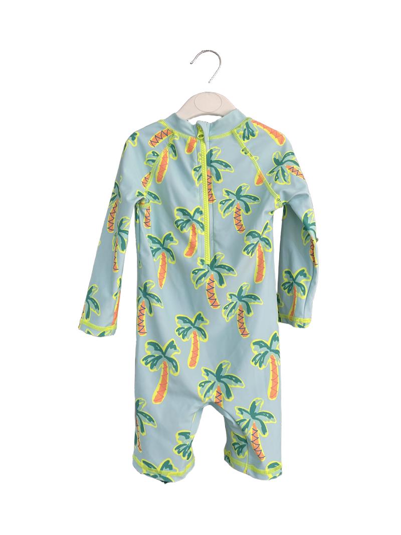 Preloved Unknown Brand - Blue Neon Palm Trees Long-sleeved Swim Suit (12-18m)