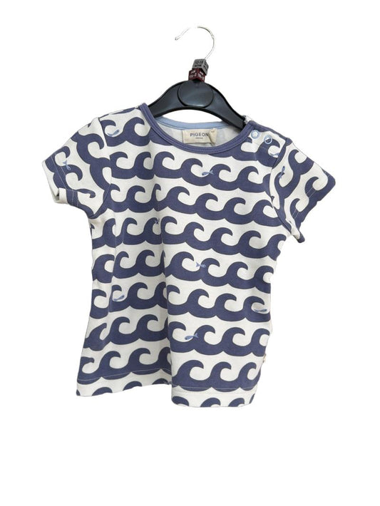 Preloved Pigeon - Blue White Waves Fish Organic Cotton T Shirt (12-18m, 18-24m)