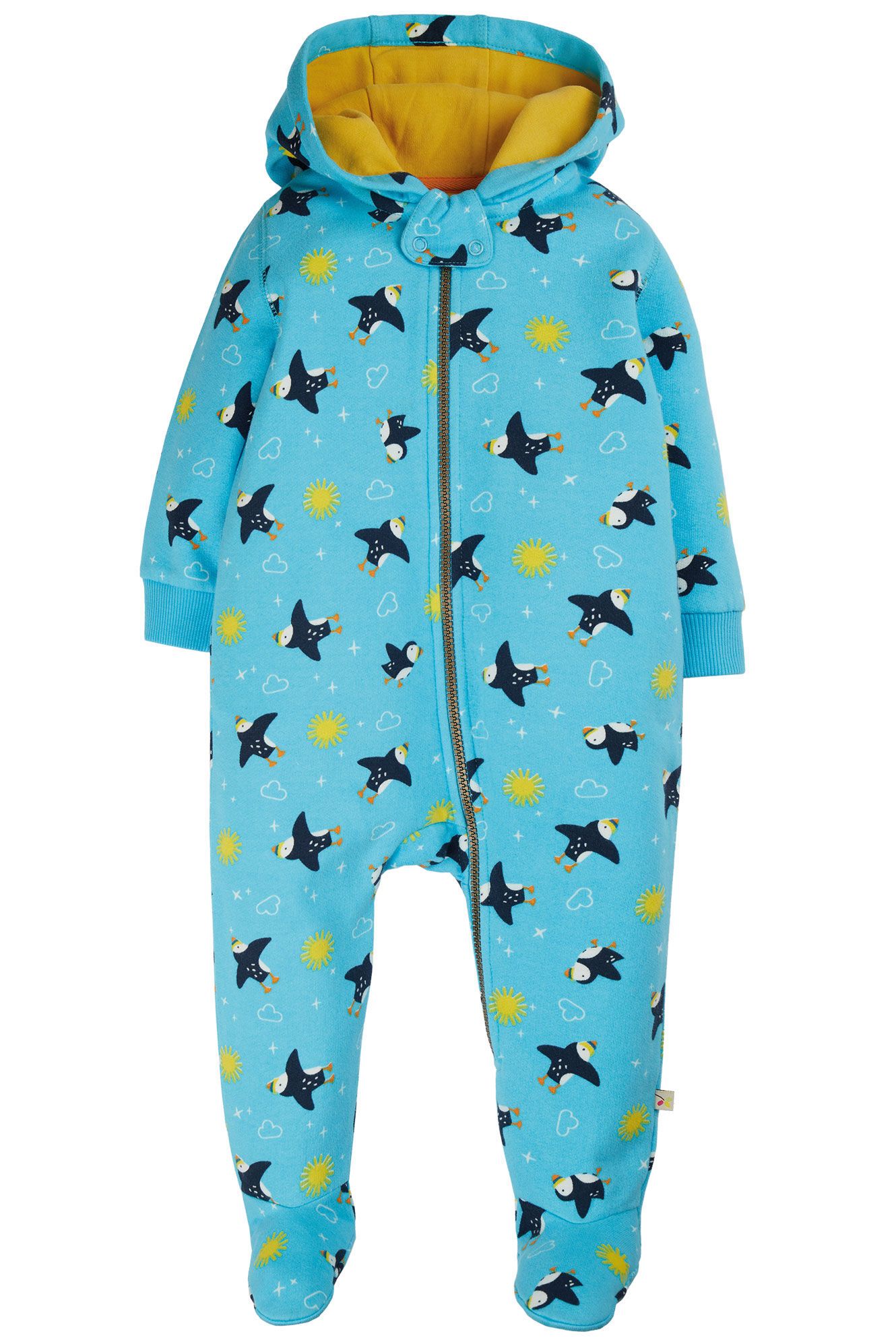 Frugi Footed Snuggle Suit, Blue Skies Puffling Practice