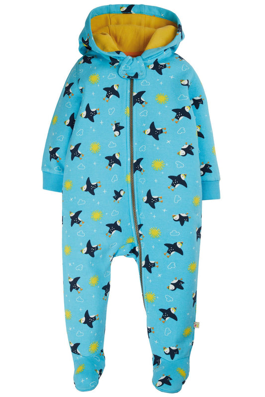 Frugi Footed Snuggle Suit, Blue Skies Puffling Practice