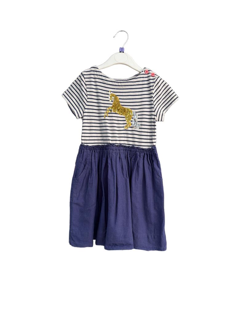 Preloved Mini Boden - Blue White Stripe Sequin Unicorn Short-sleeved Dress (3-4y)