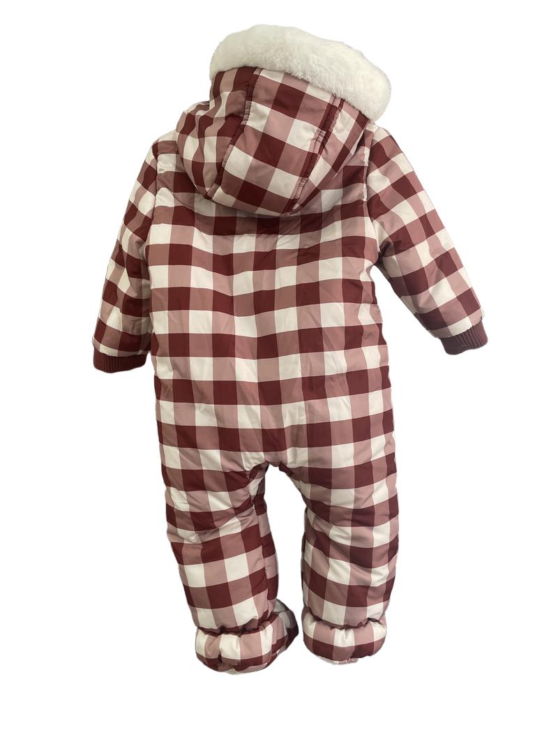Preloved John Lewis - Red Check Snowsuit Fur Lined. (6-9m)