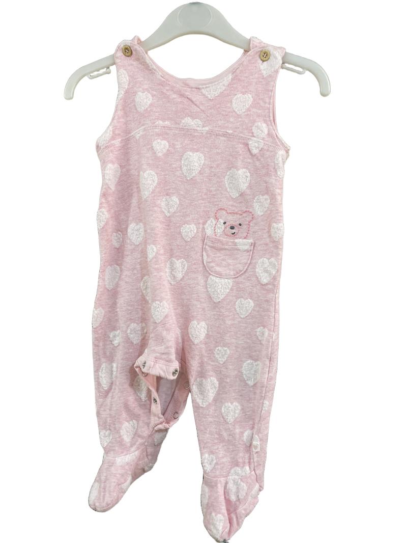 Preloved Mothercare - Pink Fuzzy Heart Bear Embroidery Footed Dungarees (6-9m)