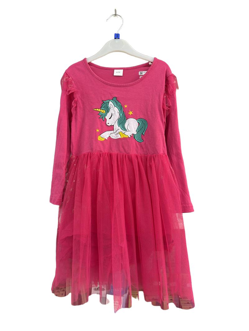 Preloved Unknown Brand - Pink Unicorn Appliqué Long-sleeved Tulle Jersey Dress (6-7y)