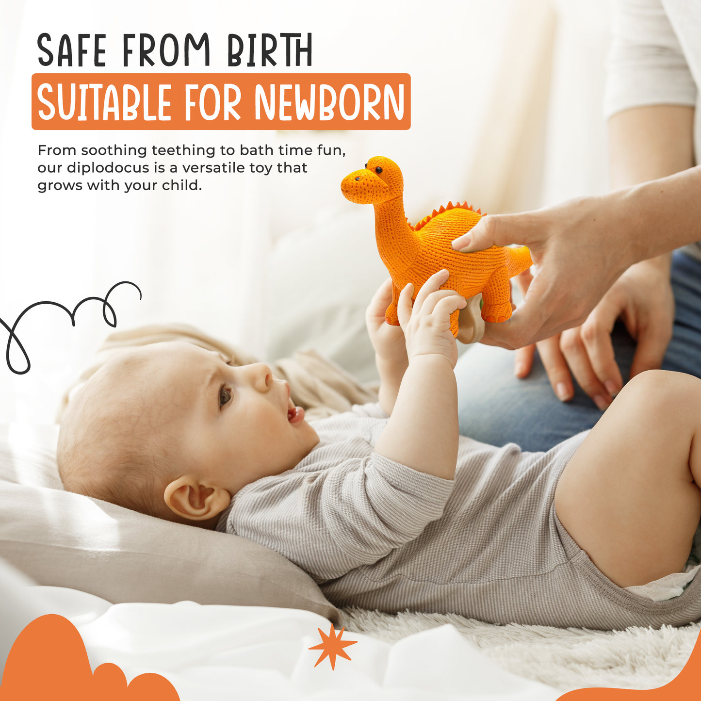 Dinosaur Toy, Bath Toy and Teether Rubber Orange Diplodocus