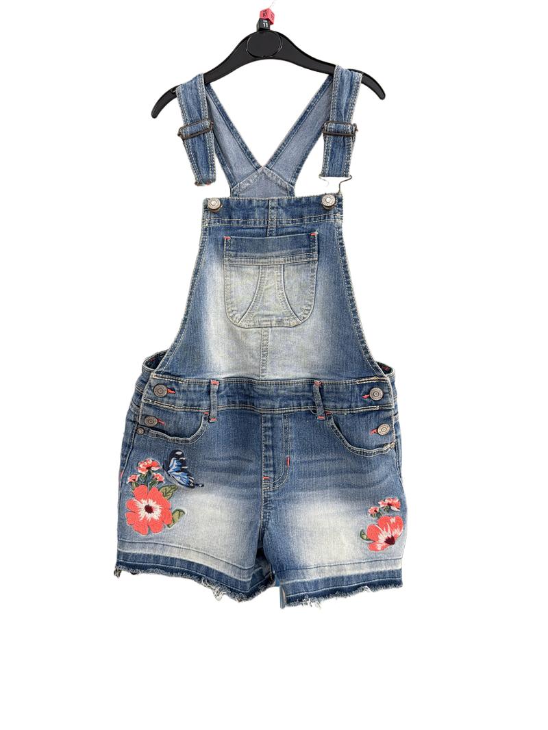 Preloved Jordache - Blue Denim Dungaree Shorts With Floral Butterfly Embroidery (10-11y, 11-12y)