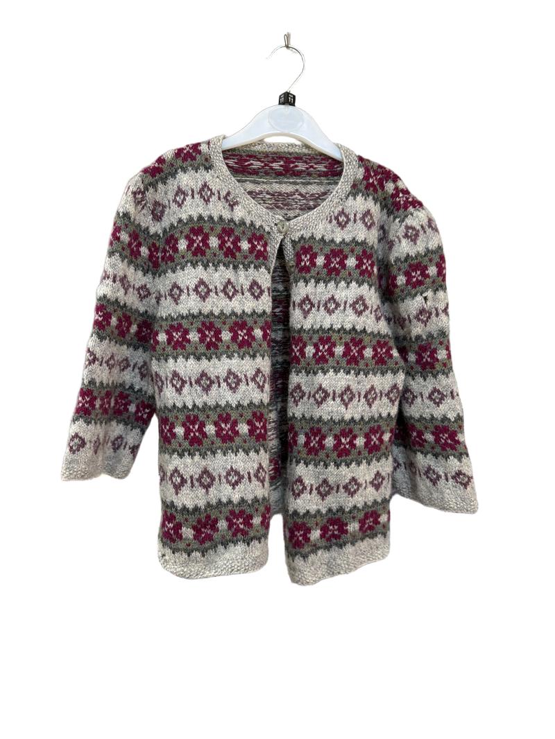 Preloved Unknown Brand - Gray Maroon Green Knit Wool Cardigan (11-12y, 12-13y)