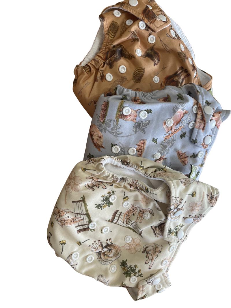 Preloved Little Lamb - 3x Reusable Nappies Cow, Sheep And Pig.