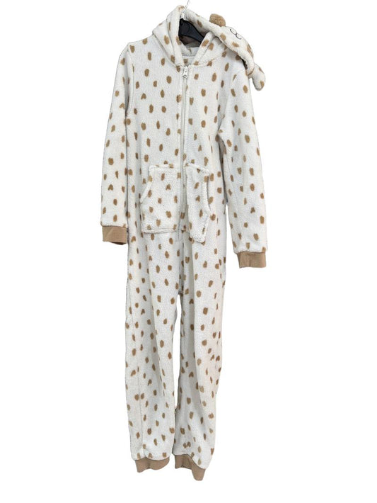 Preloved John Lewis - White Fluffy Onesie With Brown Spots Dog Hood. (9y)