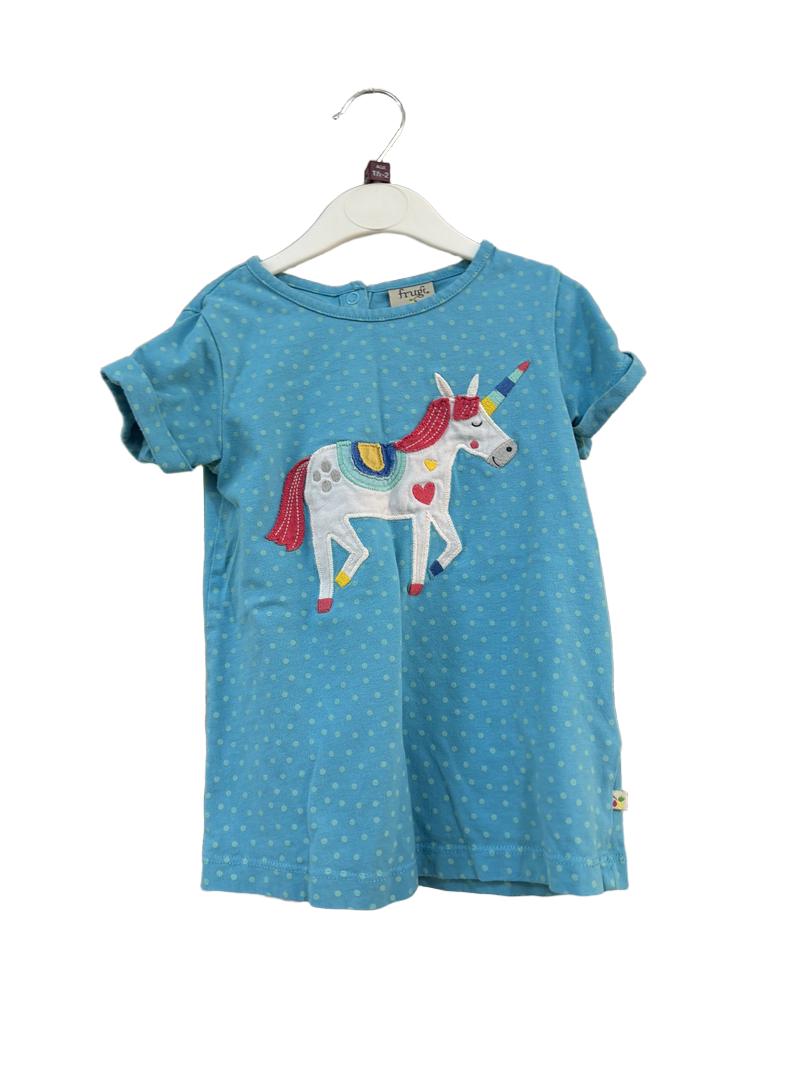Preloved Frugi - Blue Polka Dot Unicorn Short-sleeved Jersey Dress (18-24m)