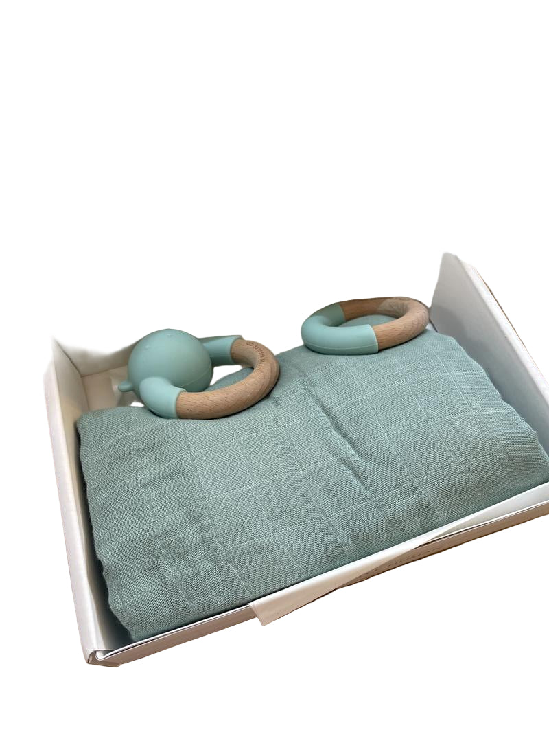 Preloved Toys - Little Teether & Muslin Set, Green, NEW In Box - Little Giggles Co