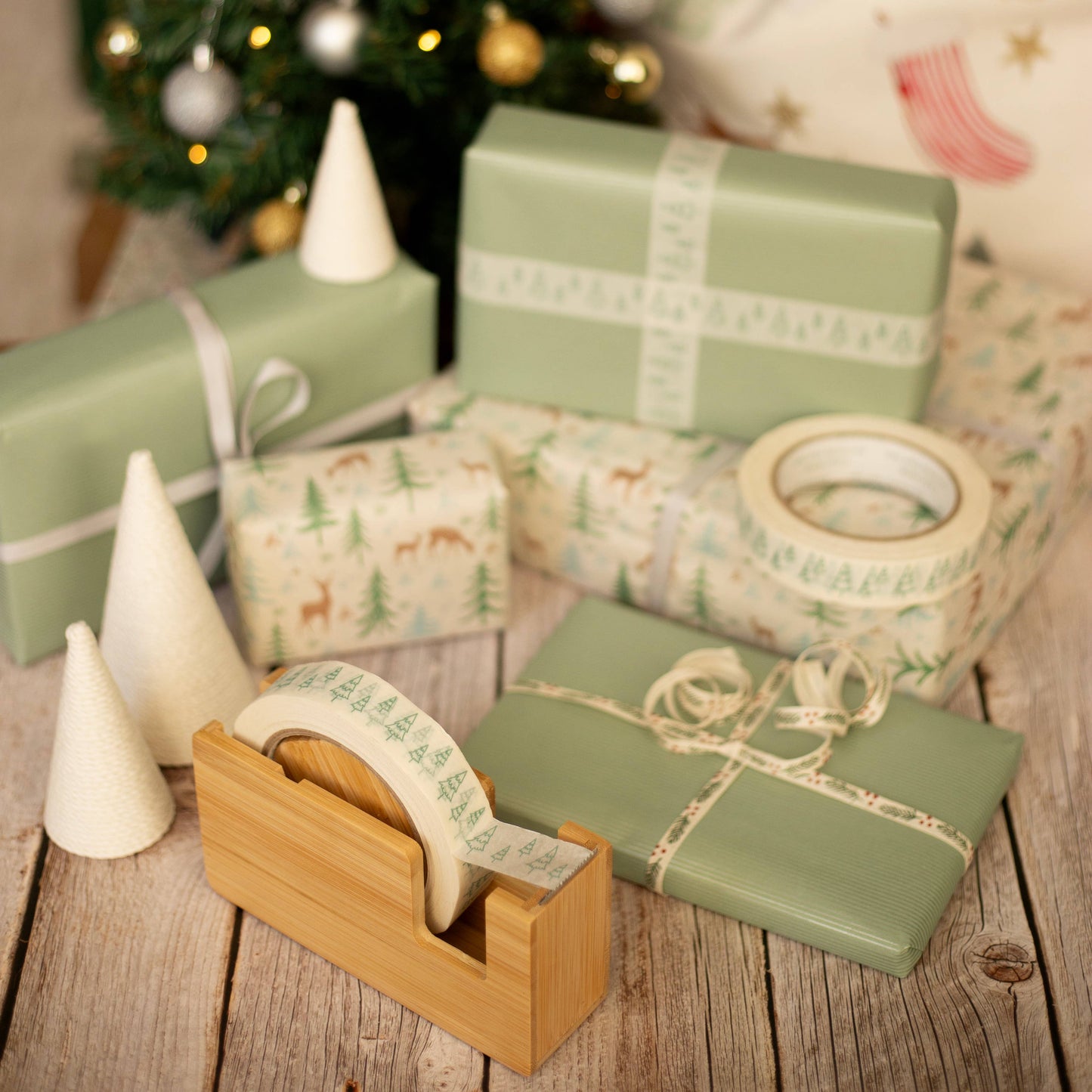 Green Christmas Tree (White) Paper Tape 24mm - Gift Wrapping