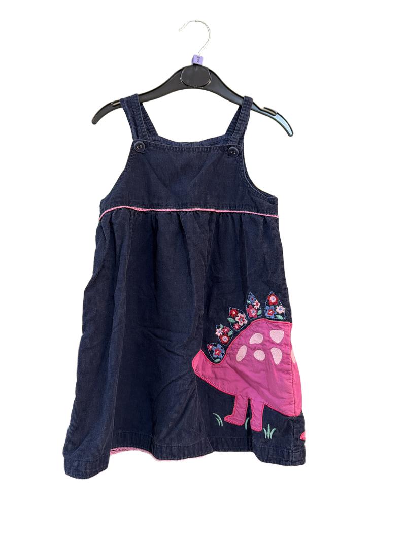 Preloved Jojo Maman Bebe - Navy Pink Stegosaurus Applique Corduroy Pinafore (3-4y)