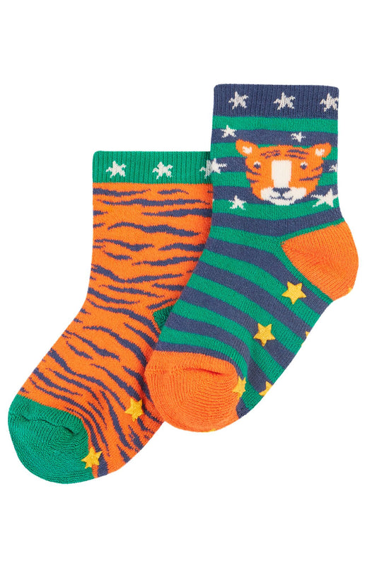 Frugi Grippy Socks 2 Pack, Tiger Multipack