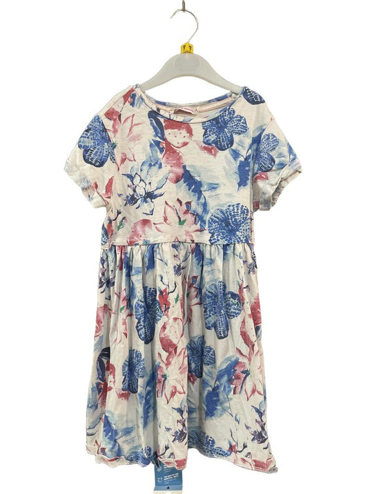 Preloved Original Marines - White, Blue And Pink Short Sleeved Summer Dress With Flower Pattern (7-8y)