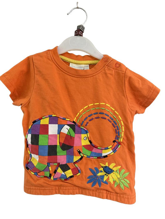 Preloved Jojo Maman Bebe - Orange Elmer Elephant Embroidered T Shirt (12-18m, 18-24m)