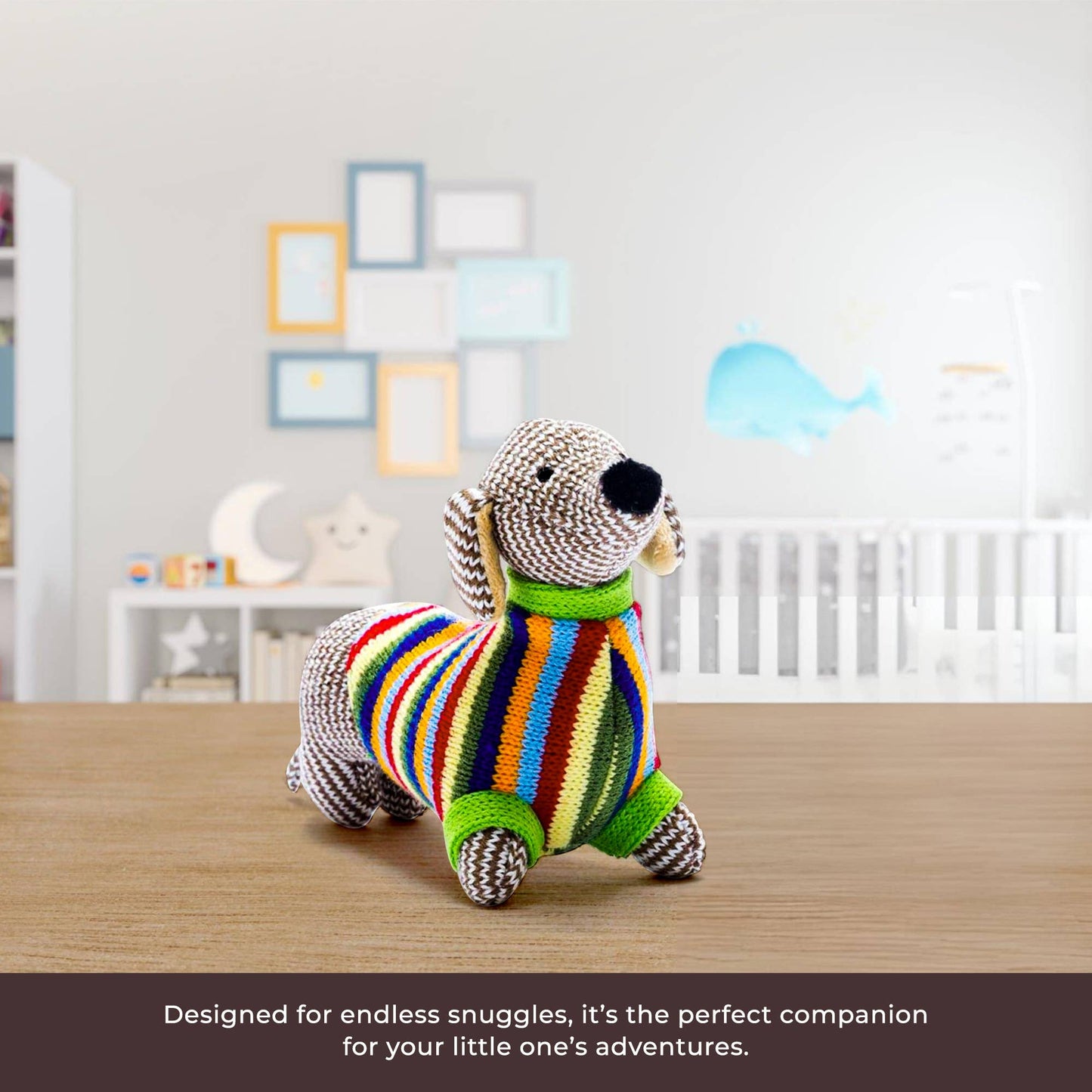 Sausage Dog Baby Rattle with Rainbow Stripe Jumper Knitted