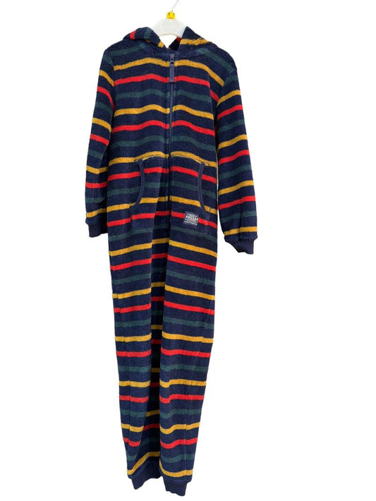 Preloved Joules - Navy Multicolour Stripe Fleece Onesie (7-8y)