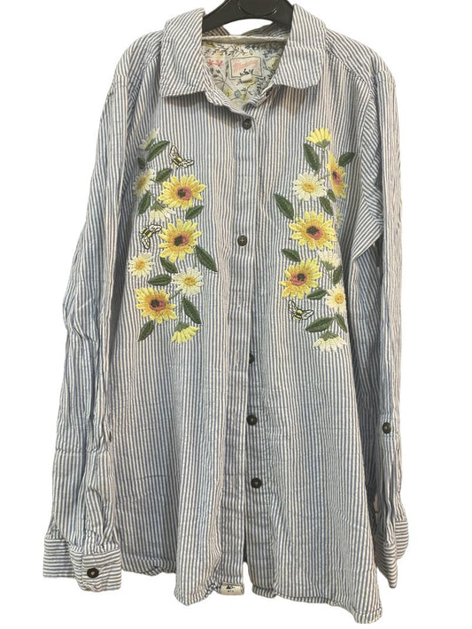 Preloved Mantaray - Blue White Stripe Floral Embroidery Long-sleeved Button Top (12-13y)