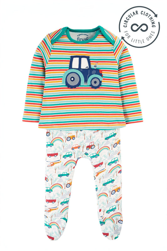 Frugi Brooke Easy Dressing Babygrow, Let's Go!/Iguana Multi Stripe