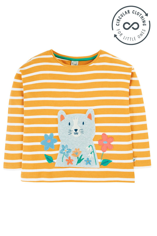 Frugi Tori Applique Top, Gold Breton Stripe/Cat