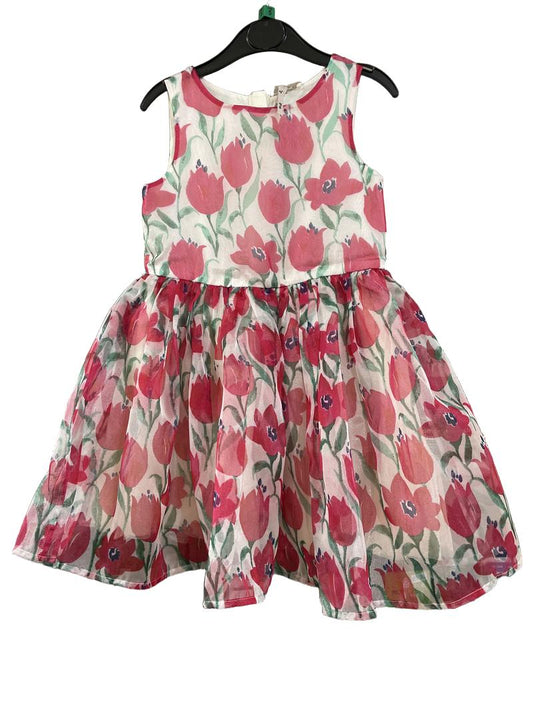 Preloved Next - Dress - White Red Green Floral Print Organza Sleeveless Dress (5-6y)