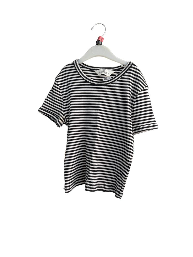 Preloved H&M - Black White Stripe Ribbed Short-sleeved Crop Top (10-11y, 11-12y)