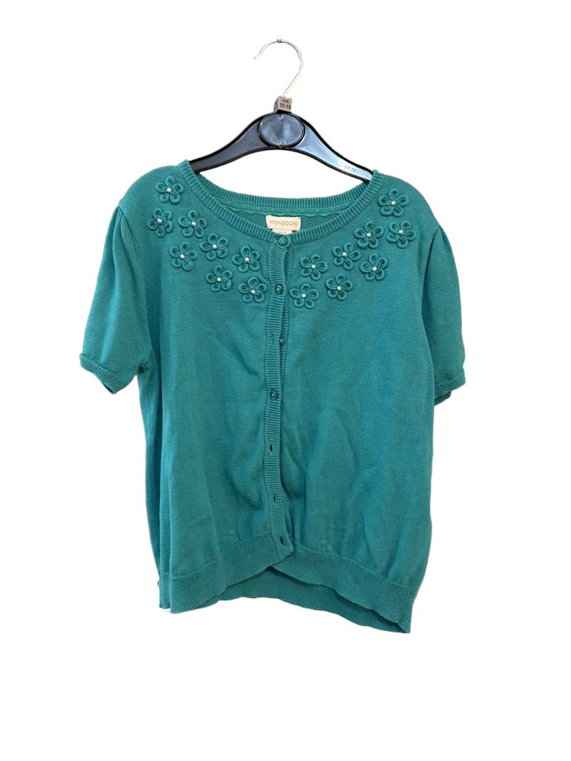 Preloved Monsoon - Green Flower Embellishment Short-sleeved Button Cardigan (12-13y)