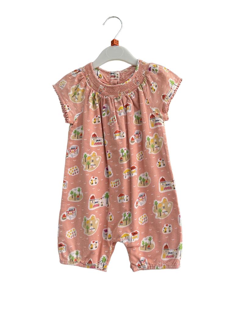 Preloved Marks & Spencer - Peach Short Sleeve Print Romper (9-12m)