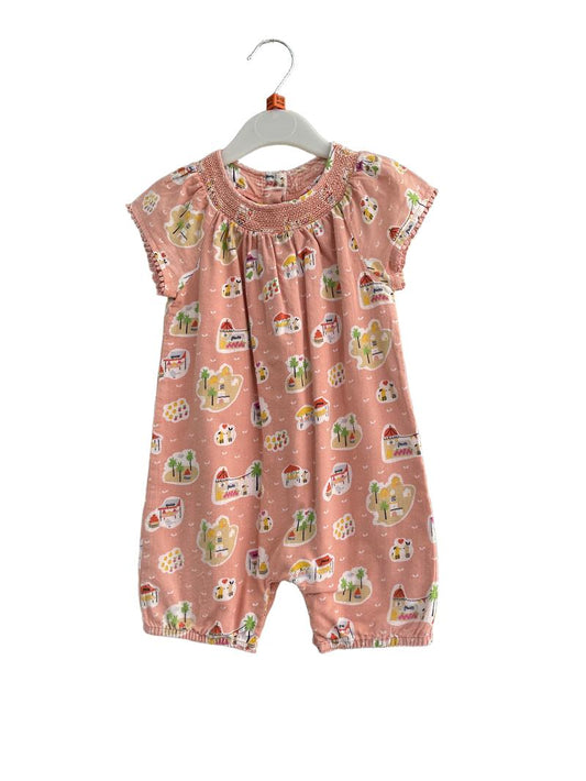 Preloved Marks & Spencer - Peach Short Sleeve Print Romper (9-12m)