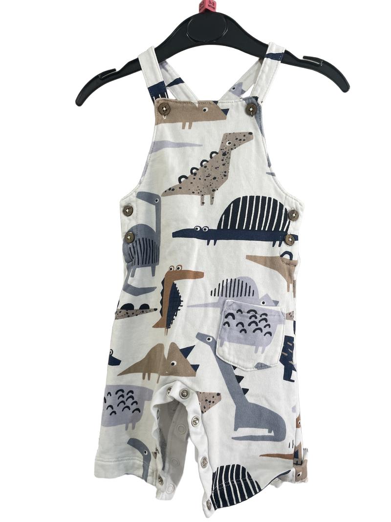 Preloved Next - White Blue Brown Dinosaur Creature Print Dungarees (0-3m)