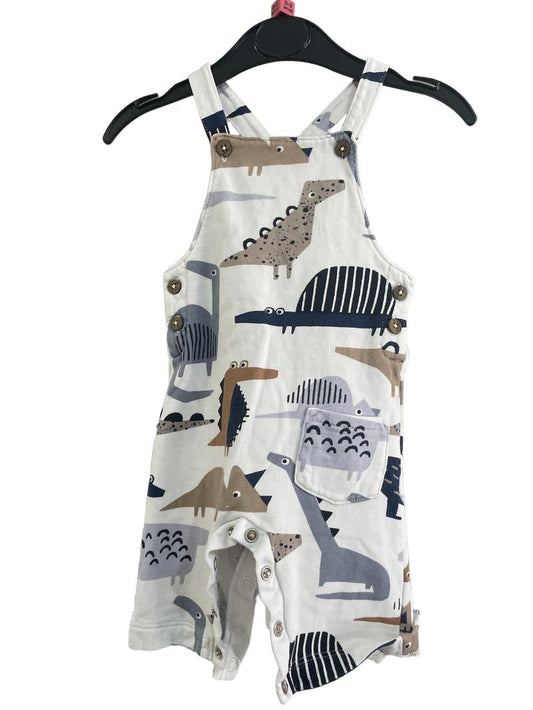 Preloved Next - White Blue Brown Dinosaur Creature Print Dungarees (0-3m)