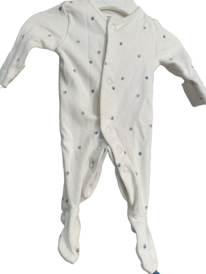 Preloved Marks & Spencer - Cream Paw Print Pattern Newborn Sleepsuit In Size "Tiny" (0-3m)