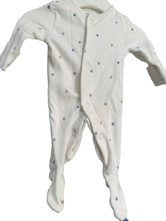 Preloved Marks & Spencer - Cream Paw Print Pattern Newborn Sleepsuit In Size "Tiny" (0-3m)