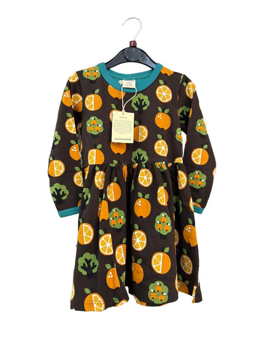Preloved Maxomorra - Brown Orange Tree Print Long-sleeved Dress, NEW With Tags (2-3y)