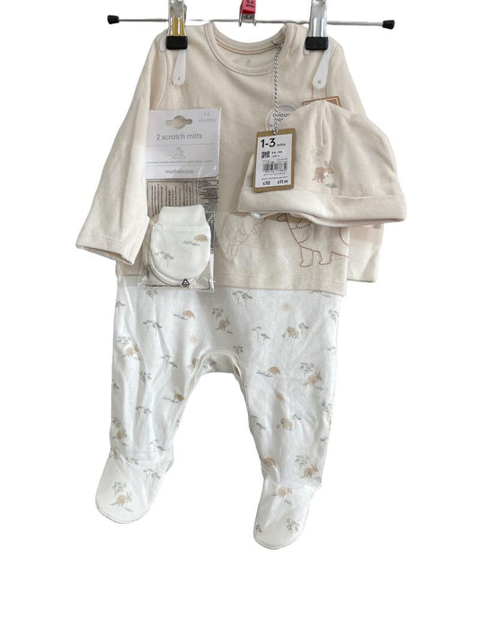 Preloved Mothercare - Biege White Animal Outfit, Long-sleeved Shirt With Attached Trousers, Hat, Mitts, NEW With Tags (0-3m) - Outfit